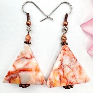 Orange White Veined Triangular Stone Dangle Earrings Geometric Rockhound Nature